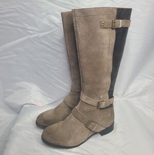 UGG Tall Buckle Riding Boots Taupe Suede Shearling Womens 8.5